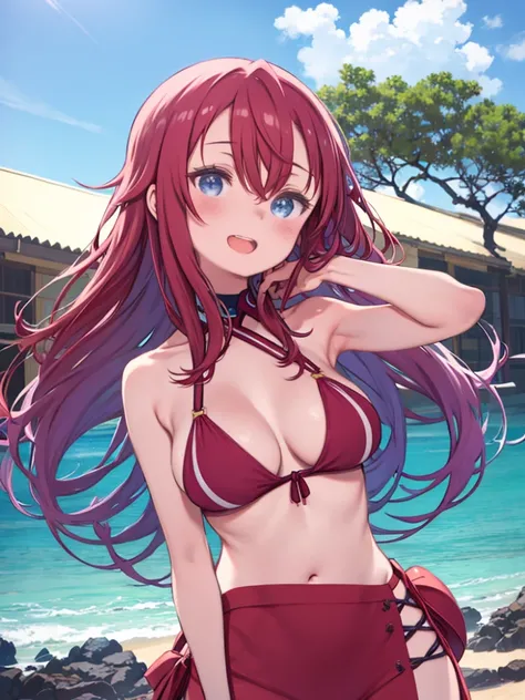 One Girl、Upper Body、Red color hair、Hair between the eyes、long hair、Blue Eyes、(Big Breasts、Huge breasts)、Tight waist、belly button、sunglasses、Bikini Swimwear、High leg、Cleavage、Cleavage、Hair blowing in the wind、smile、blush、Open your mouth a little、Stand on th...