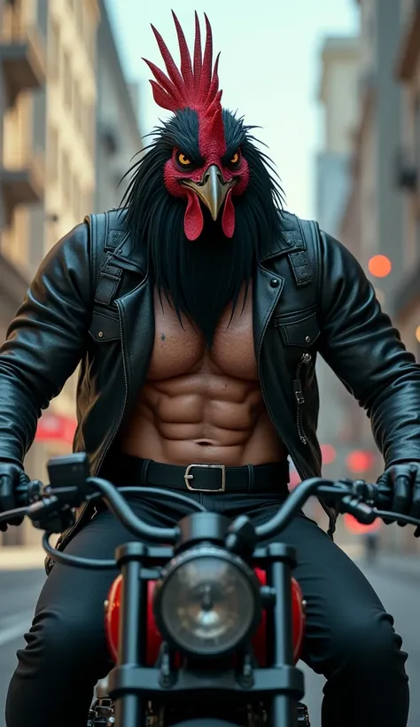 den, rooster bird, male, adult, veiny muscles, defined body, toned muscles, dark black pants, terrorist, bandit, criminal, pirate, serious look, fierce look, small eye, black feathered body, white feathers, detailed background, wild background, clear weath...