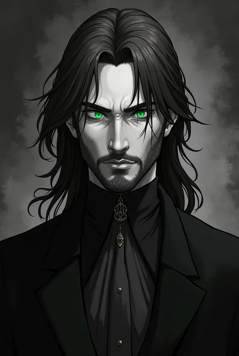 Portrait in black and white in an anime style (like in the Vampire Hunter D movie) of a young noble Alchemist man with dark gothic style and long brown hair with a beard in his 40s. Hes wearing all grey clothes and have deep green eyes