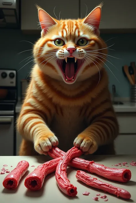 Tom cat cutting his own long tail into slices, shocked expression, realistic, long sliced tail, long severed tail on the counter