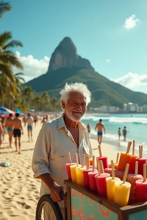 Make an elderly white man selling popsicles on Ipanema Beach in Rio de Janeiro
