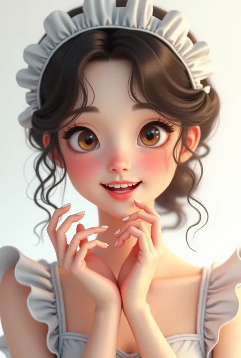 ((beautiful maid:1.5),high resolution, top quality),wearing maids uniform,soft hands, big bright eyes, dark and vibrant curled hair, sweet smile, rosy cheeks, soft light, pure white background.  