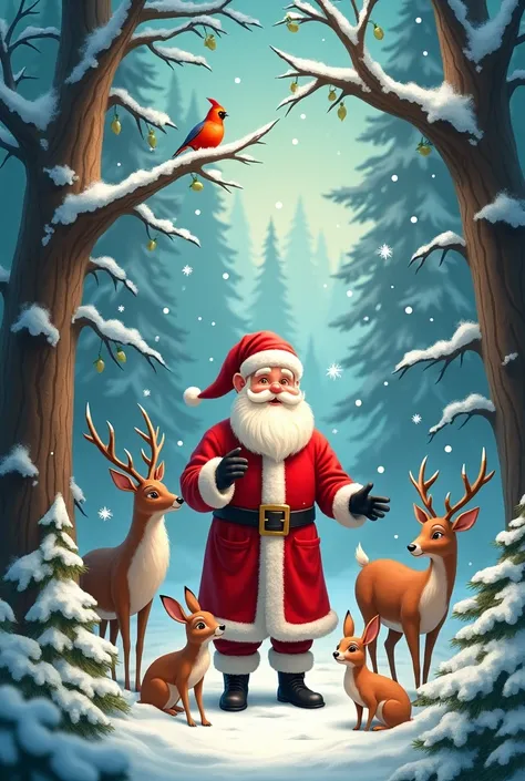 Santa Claus in Snow with forest animals 


