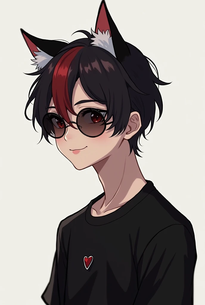 Handsome boy with slightly long black hair, with a red lock in front, round sunglasses, Black shirt with a small heart in the center of the chest, small white cat ears, small black horns on the head, posing in profile,  flirtatious look and flirtatious smi...