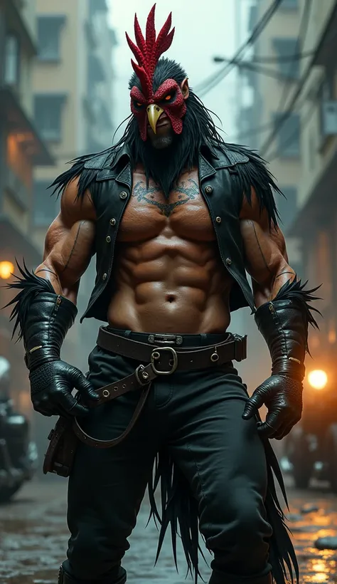 den, rooster bird, male, adult, veiny muscles, defined body, toned muscles, dark black pants, terrorist, bandit, criminal, pirate, serious look, fierce look, small eye, black feathered body, white feathers, detailed background, wild background, clear weath...