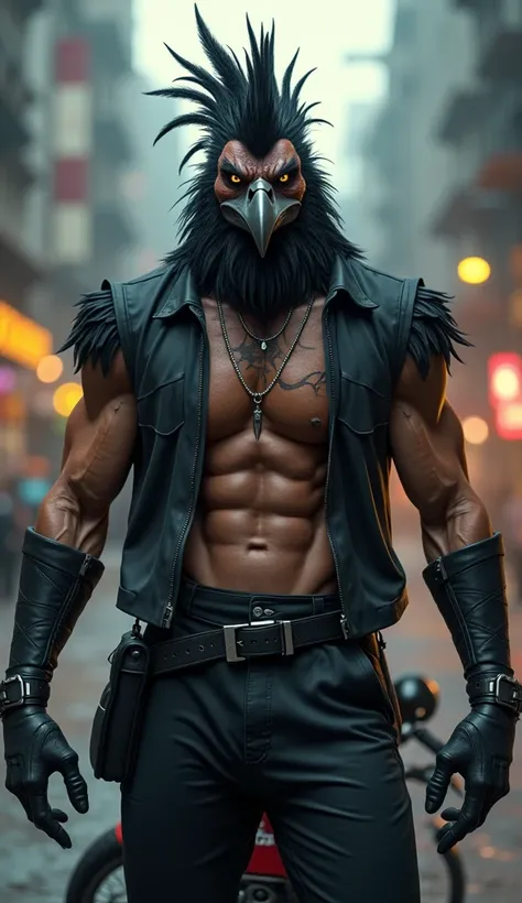 den, rooster bird, male, adult, veiny muscles, defined body, toned muscles, dark black pants, terrorist, bandit, criminal, pirate, serious look, fierce look, small eye, black feathered body, white feathers, detailed background, wild background, clear weath...