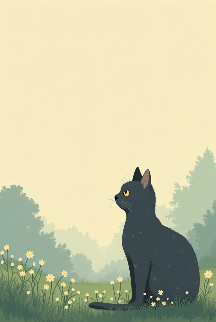 I want a mobile wallpaper that has a dark grey cat with small beige spots on its face, I would like the background to be something that reflects peace, I would like the drawing style to be like Studio Ghibli, I want the drawings to be detailed and that whe...