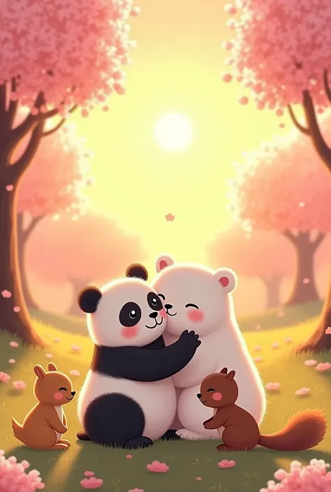 A panda and a duck hugging , squirrel plus a polar bear also hugging and all praying together, at sunset in korea with cherry blossoms. I want a kwai drawing