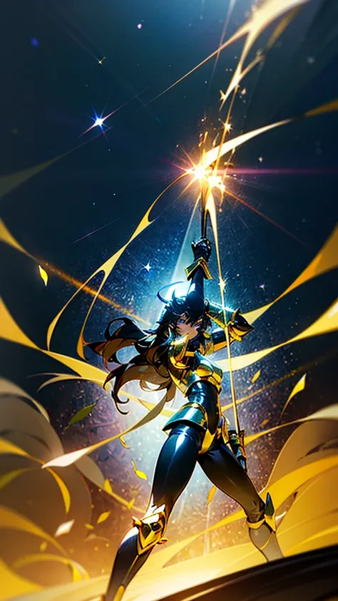 work of art, high resolution,best qualityer, Girl dressed in the golden armor of Sagittarius, from the knights of the zodiac saint seiya, Knights of the Zodiac, black hair, blue colored eyes, black shiny leggings, golden armour, Sagittarius, Virgem, Lion ,...