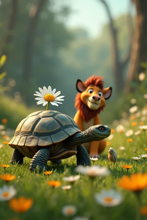 In the foreground a turtle with a daisy flower and a cicada the same size as the daisy flower, A buffalo and Pumba appear in focus (the character of the lion king) and in the background green grass with many small daisy flowers.