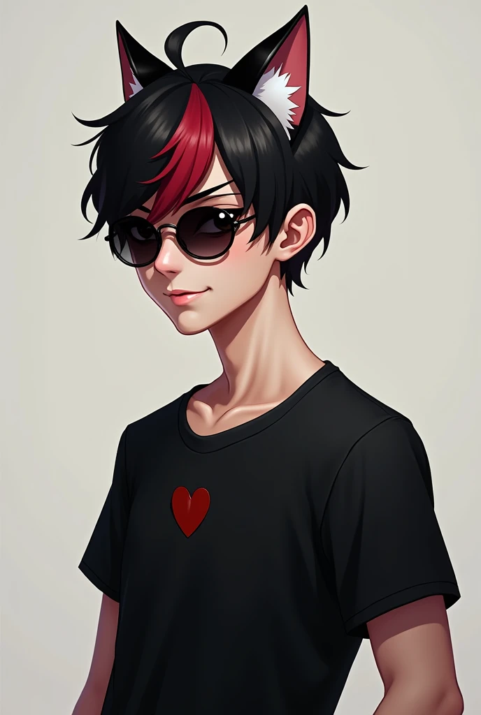 Handsome boy with slightly long black hair, with a red lock in front, round sunglasses, Black shirt with a small heart in the center of the chest, small white cat ears, small black horns on the head, posing in profile,  intimidating look and daring smile