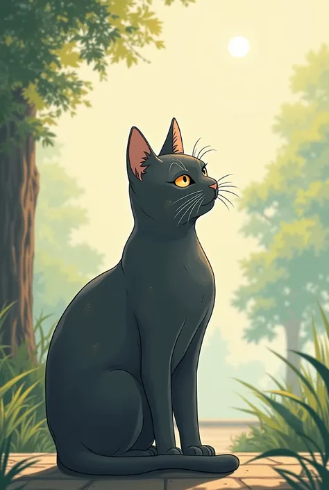 I want a mobile wallpaper that has a dark grey cat with small beige spots on its face, I would like the background to be something that reflects peace, I would like the drawing style to be like Studio Ghibli, I want the drawings to be detailed and that whe...