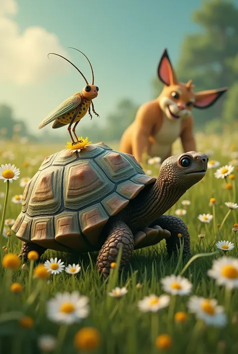 In the foreground a turtle with a daisy flower and a cicada the same size as the daisy flower, A buffalo and Pumba appear in focus (the character of the lion king) and in the background green grass with many small daisy flowers.