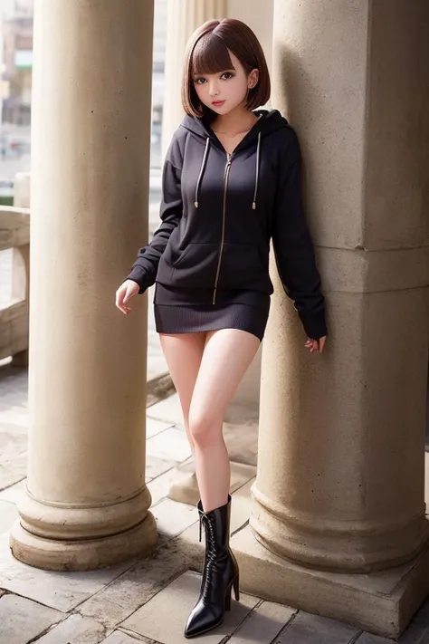 Knee-high high-heeled boots、Mini skirt with slit、Pull-zip hoodie、One 2 woman、Short Bob Hair、Medium breast、Slender body、Slim and beautiful legs、Pier at night、Standing leaning against a pillar、masterpiece:1.3、Raw photo quality、Highest quality、Detailed Images...