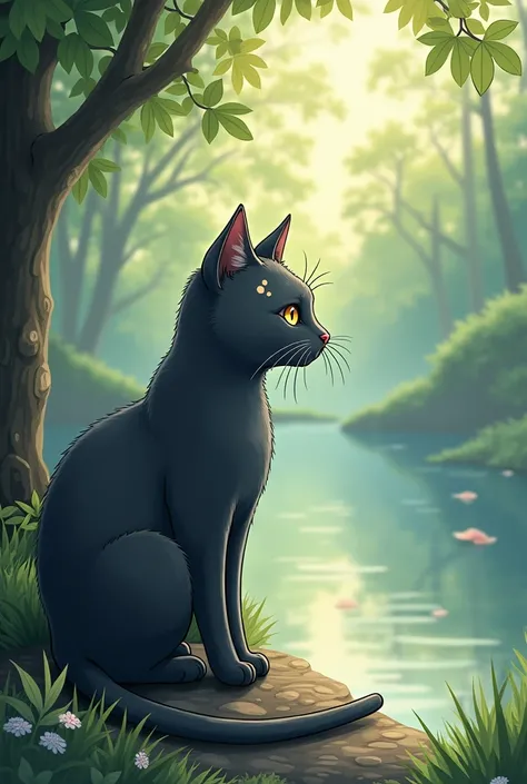 I want a mobile wallpaper that has a dark grey cat with small beige spots on its face, I would like the background to be something that reflects peace, I would like the drawing style to be like Studio Ghibli, I want the drawings to be detailed and that whe...