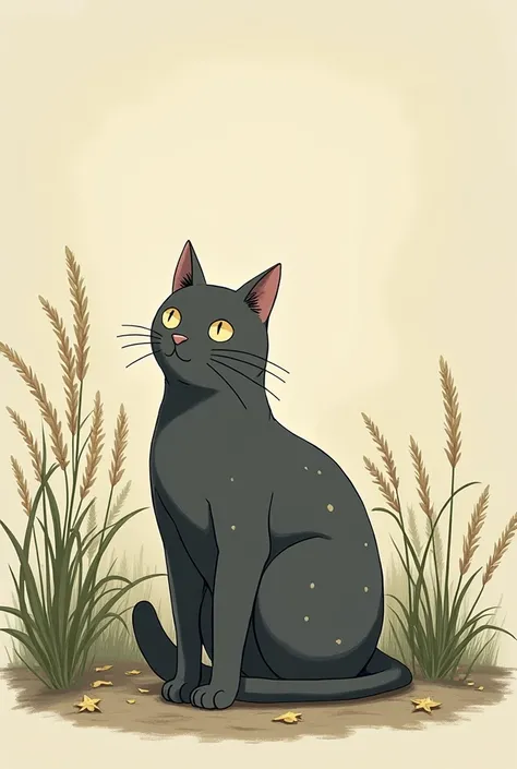 I want a mobile wallpaper that has a dark grey cat with small beige spots on its face, I would like the background to be something that reflects peace, I would like the drawing style to be like Studio Ghibli, I want the drawings to be detailed, the strokes...