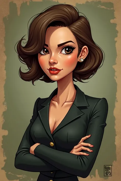 Maria Licciardi in cartoon board game mafia style with dar beige and green background with short brown hair