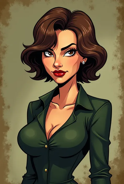 Maria Licciardi in cartoon board game mafia style with dar beige and green background with short brown hair