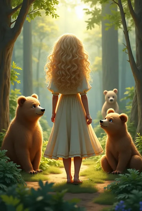 Create a curly blonde character from behind and 3 bears around her with man shadow