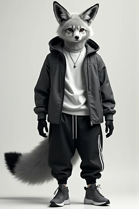 Appearance: humanoid fox, gray fur, black eyes, Long, fluffy grey tail with black tip, gray fox ears and white inside them Clothing:White shirt, dark gray jacket, Black sports pants with white vertical lines on the sides, grey shoes and black fingerless gl...