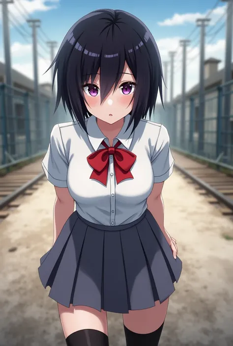 ((best quality)), ((highly detailed)), masterpiece, , (1girl), Perspective distortion, cowboy shot, ((wide shot)), Rukia, black hair, short hair, hair between eyes, purple eyes, white collared shirt, short sleeves on a shirt, red bowtie, grey pleated skirt...