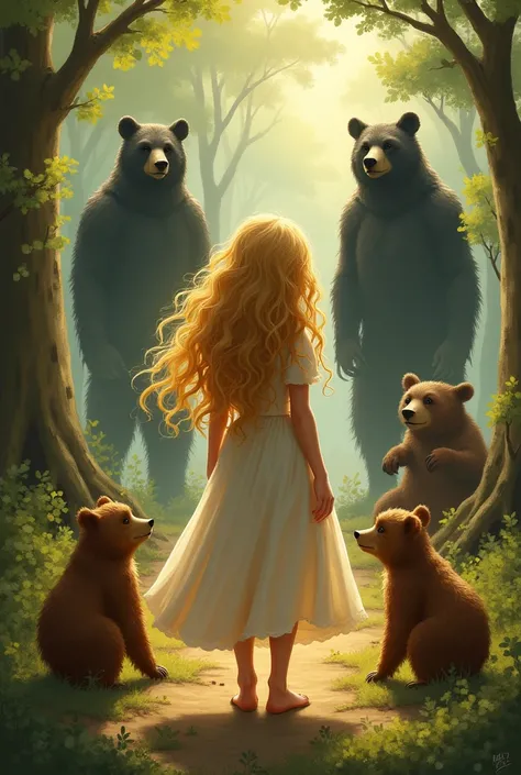 Create a curly blonde character from behind and 3 bears around her with dark men&#39;s shadow