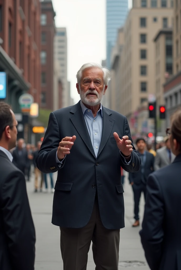 Make an elderly white man on a political platform in the middle of the sidewalk making a speech for his candidacy but with only five people around watching him.
