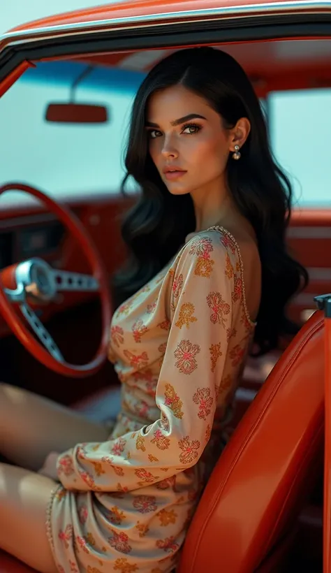 Generate a 4K, ultra-realistic image of a stunning female mannequin resembling Kendall Jenner, posing elegantly inside a chic, glamorous 1970s vintage car. The mannequin has sleek, dark hair and an air of sophistication. She is dressed in a glamorous, retr...