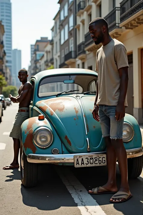 Old Beetle fully exposed with a 2 white-skinned man leaning against the side of it in the city of São Paulo