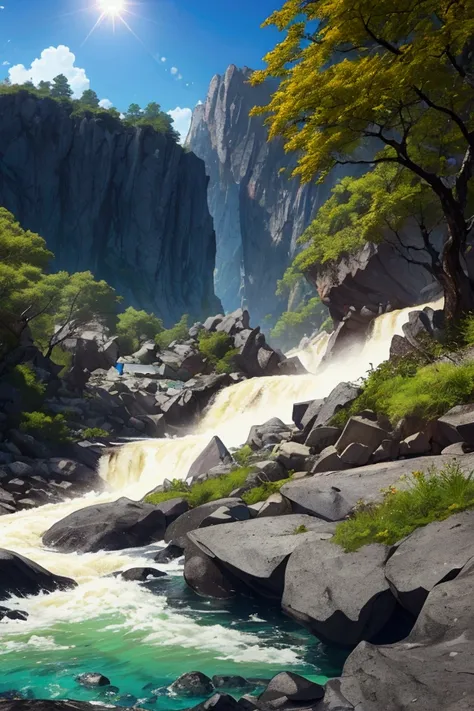 A rushing river leading to an unprecedented lake, azure and beautiful, the sun pouring down, towering rock faces looming on both banks, inhospitable, full of nature, the best image quality