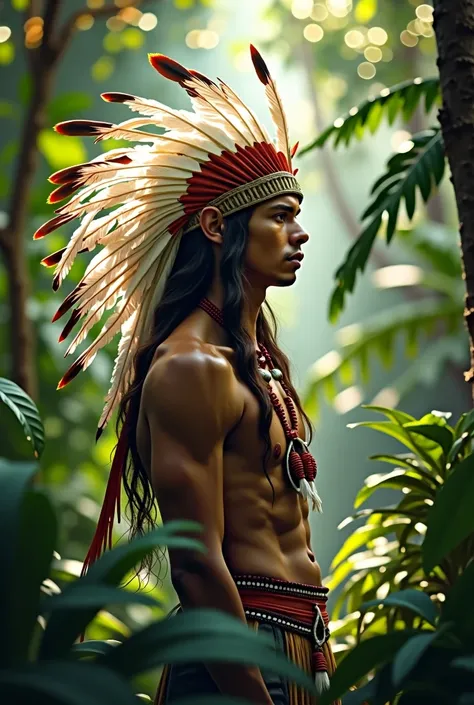 Young indigenous man stands in a dense, tropical forest surrounded by plants. He wears an elaborate headdress made of white feathers. The expression on his face is serene and wise, reflecting his deep connection with nature and ancestral spirits. Sunlight ...