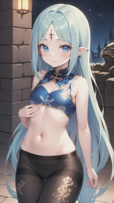 child, wiene, smile, monster girl, pale skin, (blue scales:1.2), (long hair:1.1), forehead jewel, blush, cute face, (chest above:1.2), smile, confusing eyes, pantyhose,cute & girly,(1girl:1.3),(looking at viewer:1.4),night,upper body, (standing:1.2),(dunge...