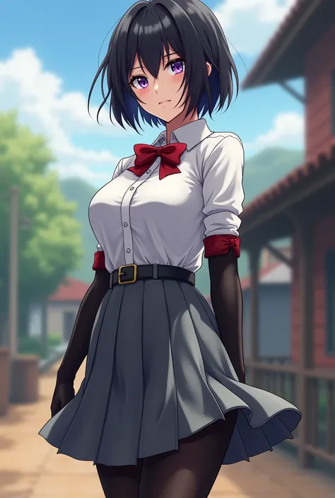 ((best quality)), ((very detailed)), masterpiece, , (1 girl), perspective distortion, cowboy shot, ((general shot)), Rukia, black hair, short hair, hair between the eyes, purple eyes, , White collared shirt, red bow tie, grey pleated skirt, stockings, shoe...