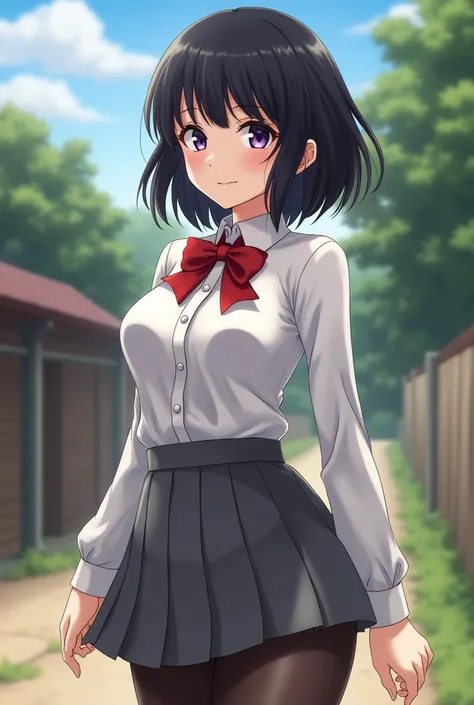 ((best quality)), ((very detailed)), masterpiece, , (1 girl), perspective distortion, cowboy shot, ((general shot)), Rukia, black hair, short hair, hair between the eyes, purple eyes, , White collared shirt, red bow tie, grey pleated skirt, stockings, shoe...