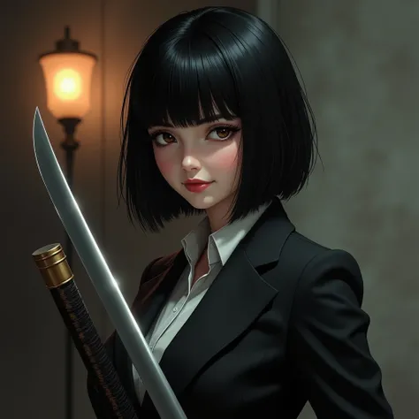 Girl, Black Bob Hair, Brown eyes, Grin, Mafia Boss clothing, Katana in hand