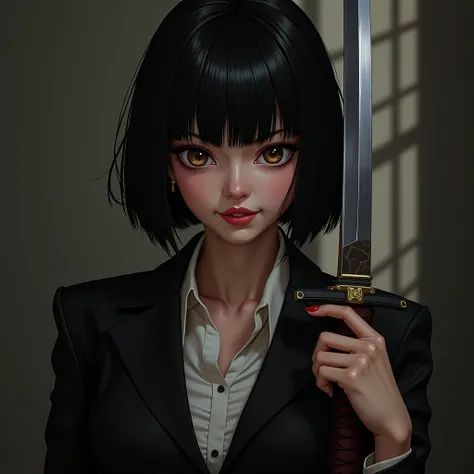 Girl, Black Bob Hair, Brown eyes, Grin, Mafia Boss clothing, Katana in hand