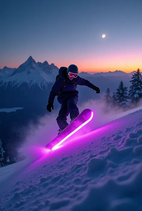 A snowboarder is riding down the slope and his snowboard has purple LEDs on the board and you have a view of the mountains and it is night he is jumping over a jump with a sunrise in the background