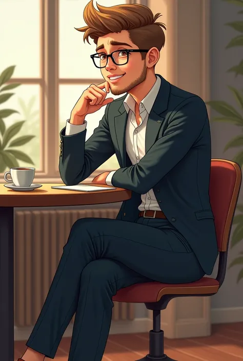 A 2 smart boy, sitting on a chair beside a table with a coffee cup, using eye glass, short hair, light beard, wearing suit, pant, shoe front face with a smile, stylish pose,