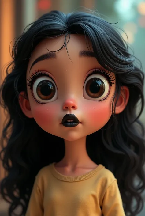 Create for me a 1 girl with black hair, long and curly, eyes black, black, slightly plump lips, High Disney Pixar style