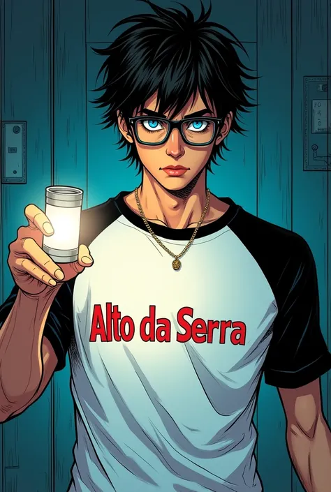 Comic book style image, Man 20 years old, medium messy black hair with blue eyes wearing glasses defined mysterious face, defined body with a white shirt with black sleeves with Alto Da Serra written in red, wearing jeans, holding a flashlight in his hand 