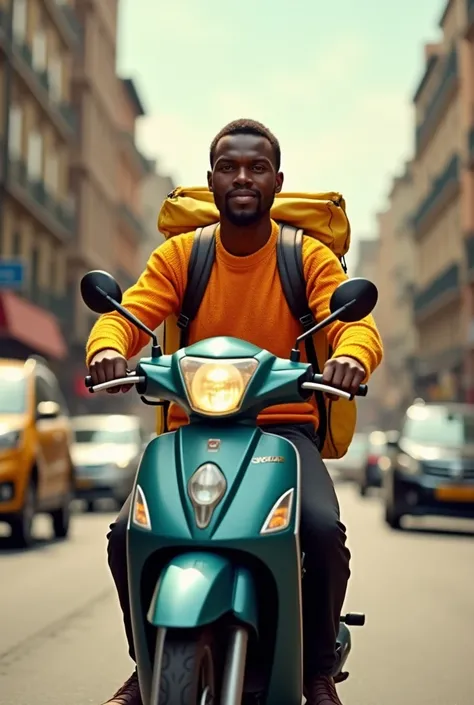 An African delivery man dressed in orange-yellow knitwear with a yellow backpack on a motorbike 