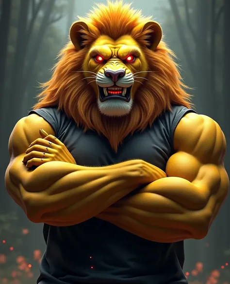 Create a prompt to create an image using artificial intelligence with maximum quality in 8k, Advanced Levels of Detail and Cinematic Style. I want an image of a humanoid lion with its arms crossed looking very angry and its eyes red, realistic on two muscu...