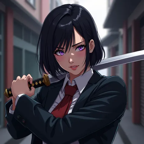 Girl, Black Bob Hair, Purple eyes, Grin, Mafia Boss clothing, Katana in hand, Anime