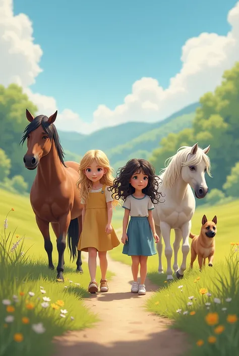 Two young girls, A blonde and a black curly-haired girl with 2 horses taking a walk with a Malinois dog
