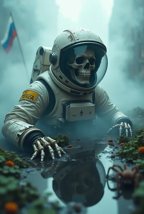 able, an astronaut skeleton, skull in a closed helmet made of tinted dirty broken glass with reflection on the glass, steam and smoke close-up, clover leaves and a spider on it, science fiction dystopia - the flag of Russia, very detailed, high contrast, d...