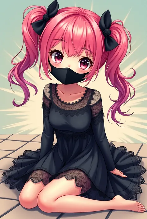 Anime beautiful girl，Double tail，pink，black，Bow，lace，dress，barefoot，cute，Comic book style，black口罩，Highlights