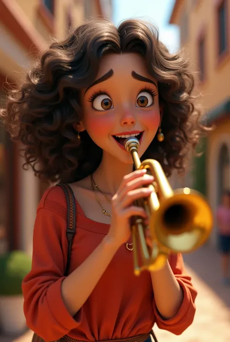 dark brown curly hair woman, cute and fun, brown-eyed ,playing trumpet