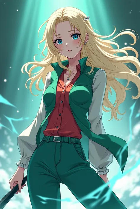 A blonde hunter, almost white but bright, blue eyes with green eye background,  white skin long hair with beautiful hairstyle, with a long blouse with ruffles on the long sleeves, a red blouse and a stylish green women&#39;s vest and large jeans with elast...