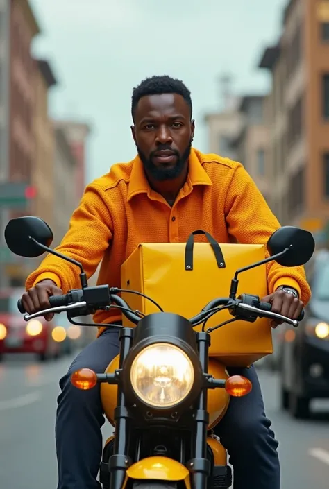 Un agent de livraison africain habillé en tricot shirt jaune orangé  avec un sac de livraison jaune sur une moto 