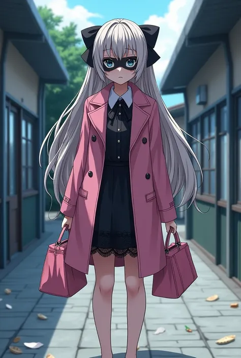 Anime beautiful girl，Double tail，Pink coat，Black clothes，Bow，lace，dress，barefoot，Unhappy，Comic book style，Black mask，Highlights，Pink bags，High School Students
